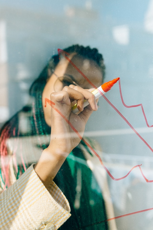 A woman drawing lines with upward slopes